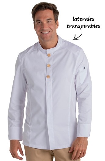CHAQUETA COCINA BOTÓN MADERA BLANCA