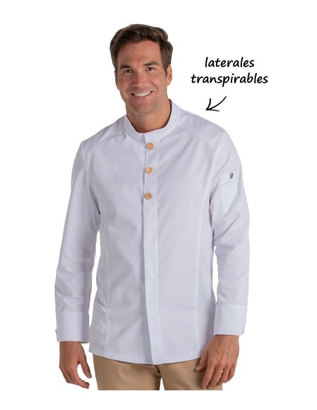 CHAQUETA COCINA BOTÓN MADERA BLANCA