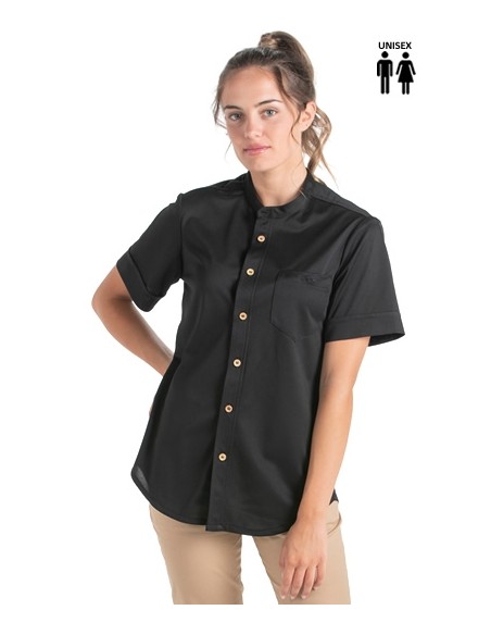 CAMISA NEGRA CUELLO MAO BOTÓN MADERA