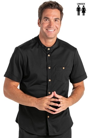 CAMISA NEGRA CUELLO MAO BOTÓN MADERA