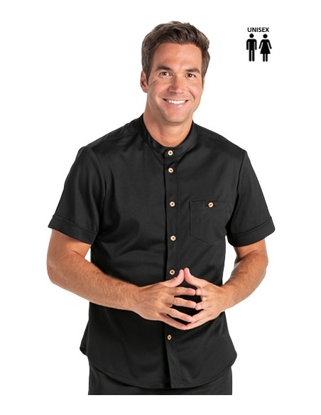 CAMISA NEGRA CUELLO MAO BOTÓN MADERA