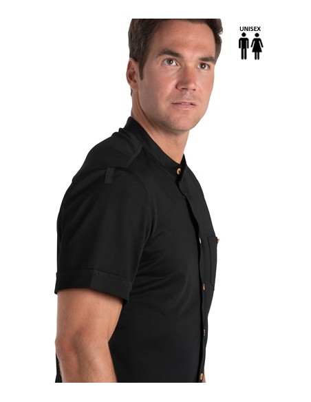 CAMISA NEGRA CUELLO MAO BOTÓN MADERA
