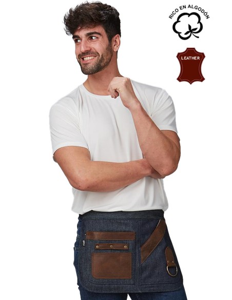 GREMBIULE CORTO DENIM E PELLE