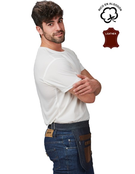 GREMBIULE CORTO DENIM E PELLE