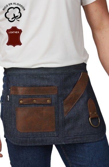 GREMBIULE CORTO DENIM E PELLE