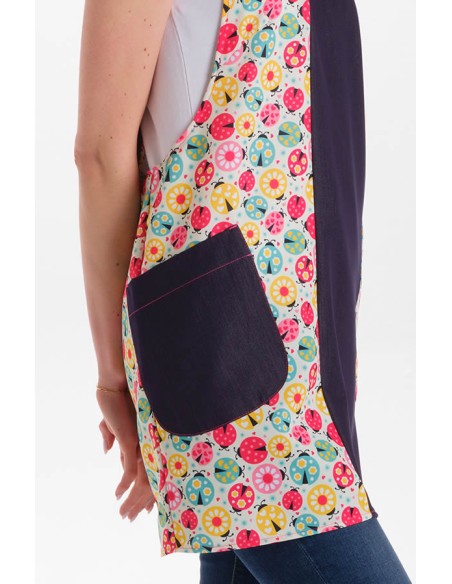 GREMBIULE DENIM FIORI COCCINELLE INCROCIARE INDIETRO