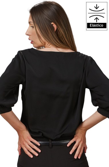 BLUSA MUJER MANGA 3/4 RIZADA - negro-espalda