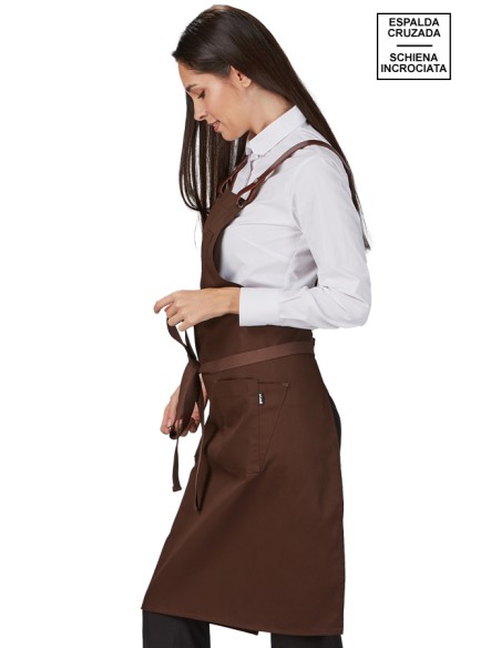 GREMBIULE PETTORINA A CONTRASTO CON VOLANT IN TWILL
