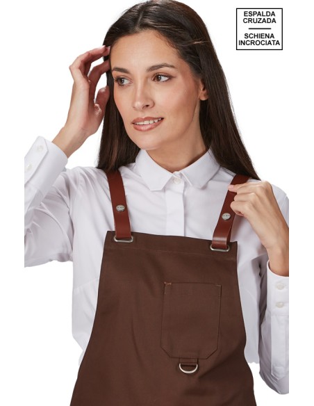 GREMBIULE PETTORINA A CONTRASTO CON VOLANT IN TWILL